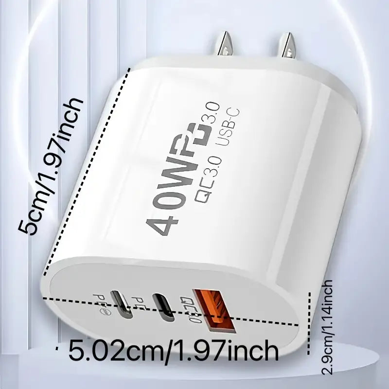 Adaptador de Carga Rápida de 40W y 3 Puertos con USB-C, Compatible con iPhone